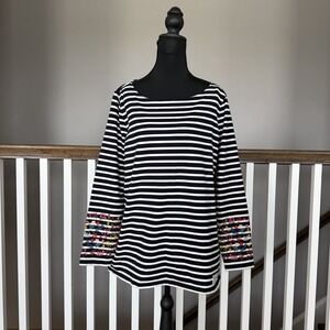 Talbots Stripe Floral  Embroidered Cotton Boat Neck Top 1X XL  Cottage Coastal
